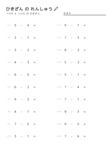 引き算練習プリント（１けたと１けたの引き算）